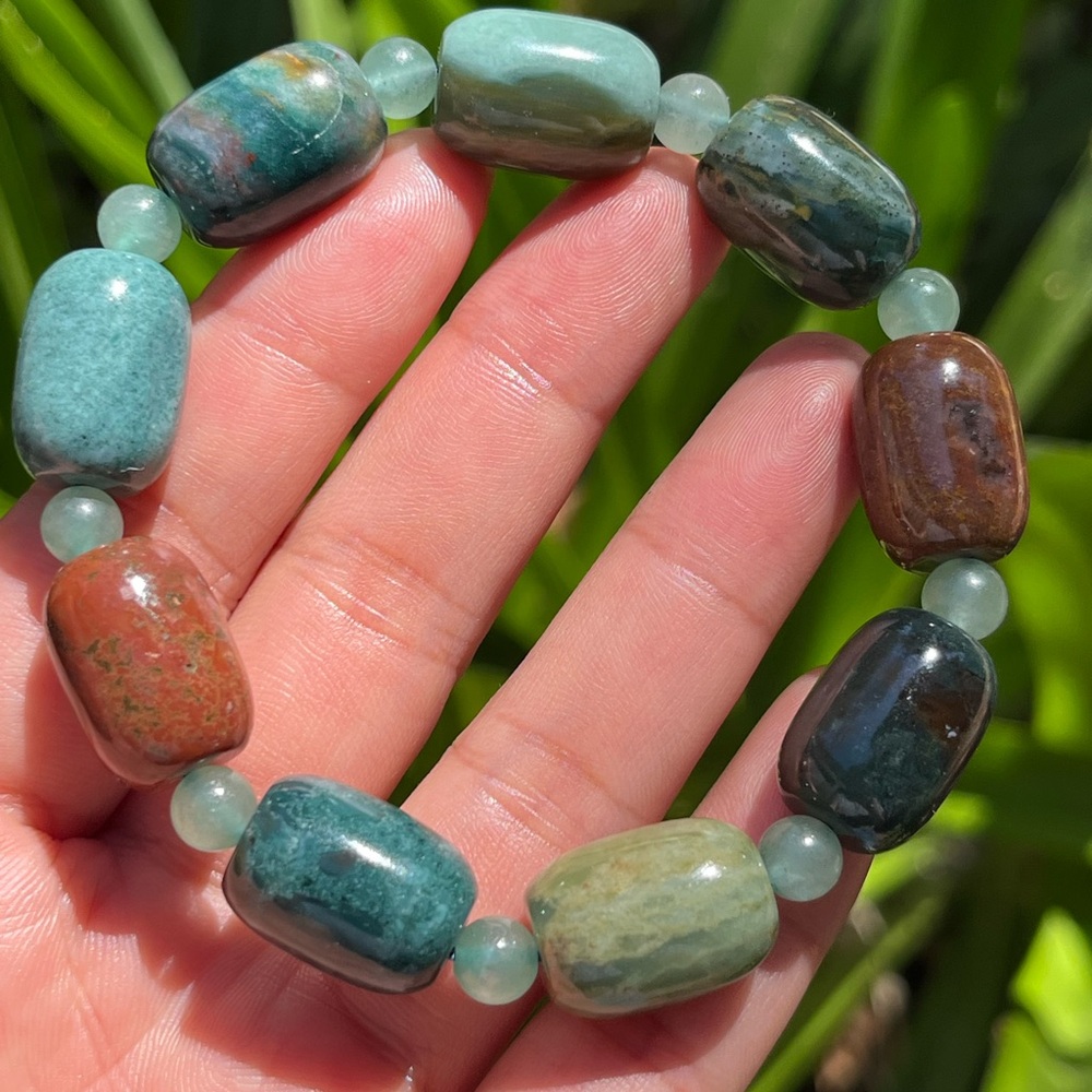 13mm stretchable‎ barrel shape ocean jasper green aventurine bracelet